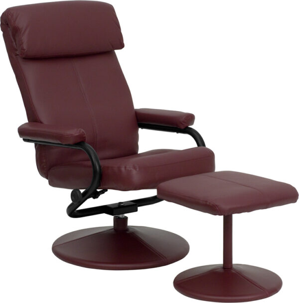 Wholesale Contemporary Multi-Position Headrest Recliner and Ottoman with Wrapped Base in Burgundy Leather