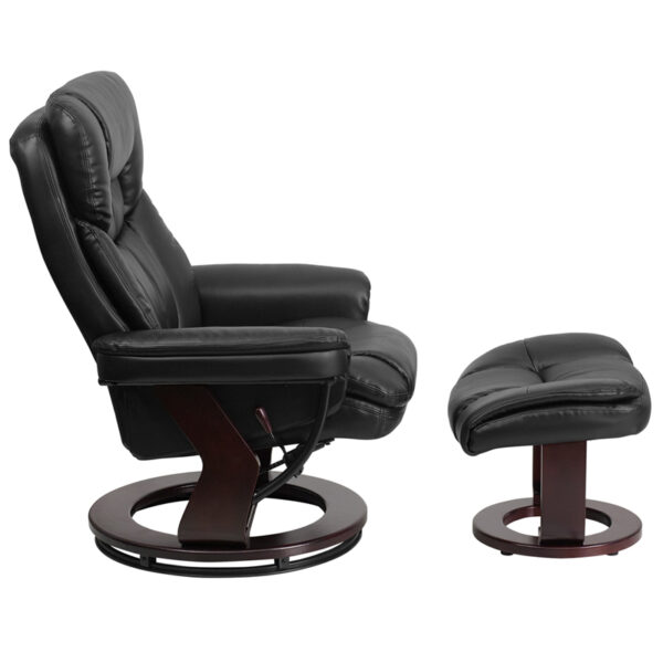 Lowest Price Contemporary Multi-Position Recliner and Curved Ottoman with Swivel Mahogany Wood Base in Black Leather