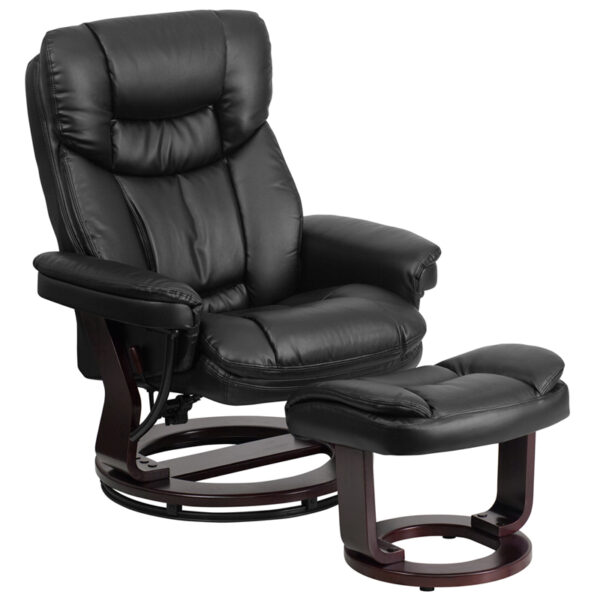 Wholesale Contemporary Multi-Position Recliner and Curved Ottoman with Swivel Mahogany Wood Base in Black Leather