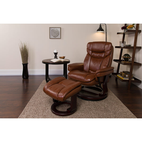 Lowest Price Contemporary Multi-Position Recliner and Curved Ottoman with Swivel Mahogany Wood Base in Brown Vintage Leather