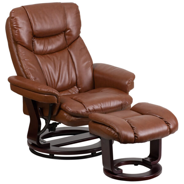 Wholesale Contemporary Multi-Position Recliner and Curved Ottoman with Swivel Mahogany Wood Base in Brown Vintage Leather