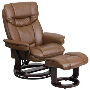 Wholesale Contemporary Multi-Position Recliner and Curved Ottoman with Swivel Mahogany Wood Base in Palimino Leather