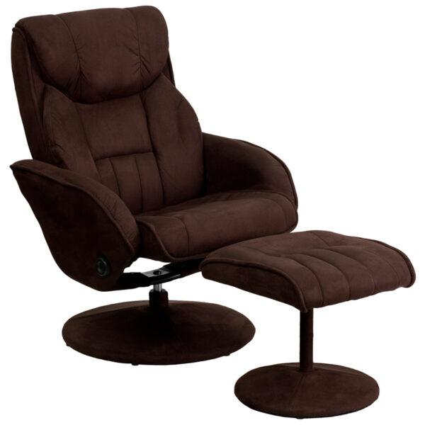 Wholesale Contemporary Multi-Position Recliner and Ottoman with Circular Wrapped Base in Brown Microfiber