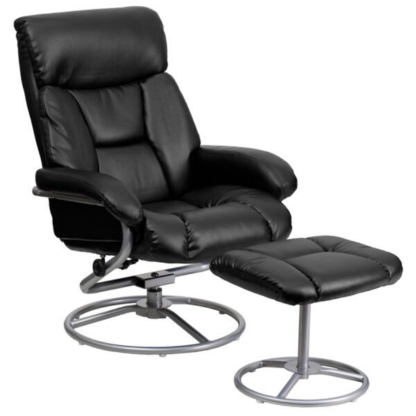 Wholesale Contemporary Multi-Position Recliner and Ottoman with Metal Base in Black Leather