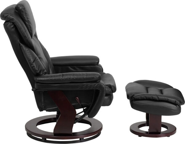 Lowest Price Contemporary Multi-Position Recliner and Ottoman with Swivel Mahogany Wood Base in Black Leather