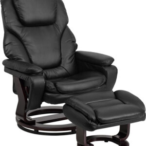 Wholesale Contemporary Multi-Position Recliner and Ottoman with Swivel Mahogany Wood Base in Black Leather