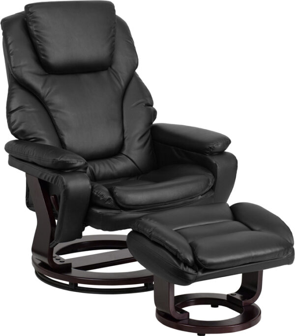 Wholesale Contemporary Multi-Position Recliner and Ottoman with Swivel Mahogany Wood Base in Black Leather