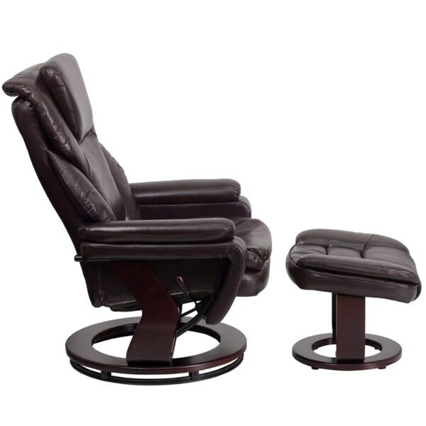 Lowest Price Contemporary Multi-Position Recliner and Ottoman with Swivel Mahogany Wood Base in Brown Leather