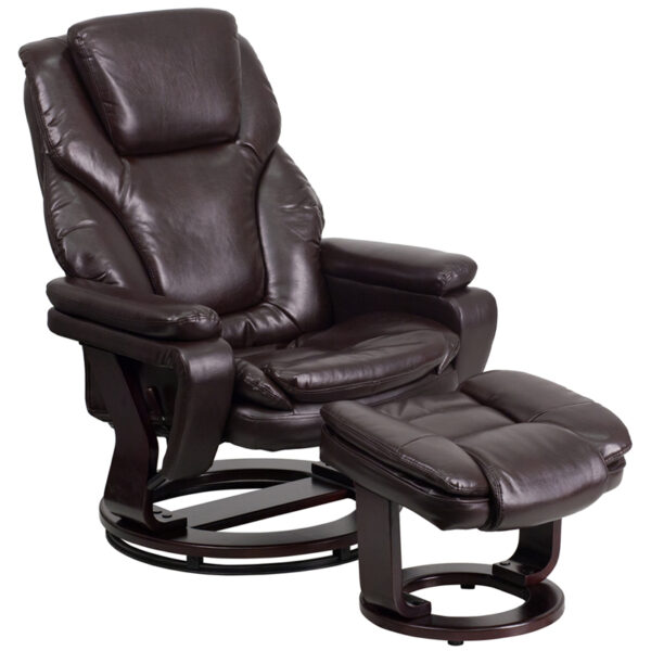 Wholesale Contemporary Multi-Position Recliner and Ottoman with Swivel Mahogany Wood Base in Brown Leather