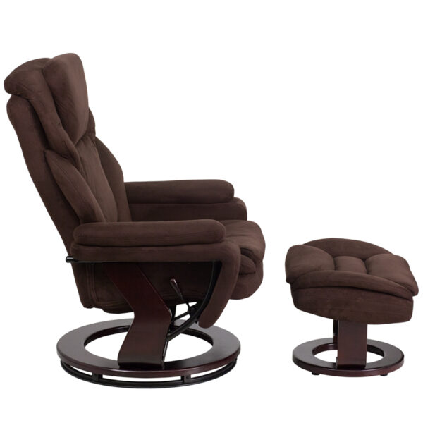 Lowest Price Contemporary Multi-Position Recliner and Ottoman with Swivel Mahogany Wood Base in Brown Microfiber