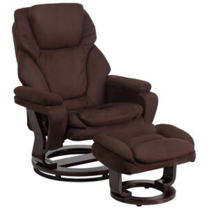 Wholesale Contemporary Multi-Position Recliner and Ottoman with Swivel Mahogany Wood Base in Brown Microfiber