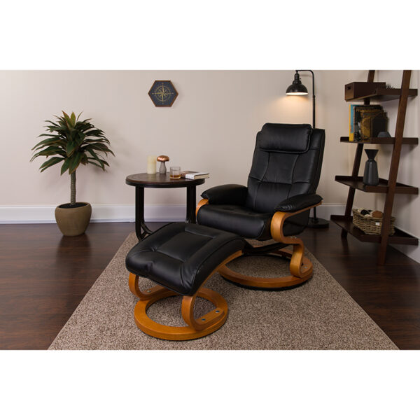 Lowest Price Contemporary Multi-Position Recliner and Ottoman with Swivel Maple Wood Base in Black Leather