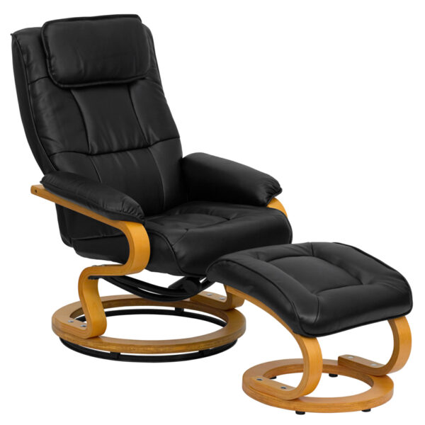 Wholesale Contemporary Multi-Position Recliner and Ottoman with Swivel Maple Wood Base in Black Leather