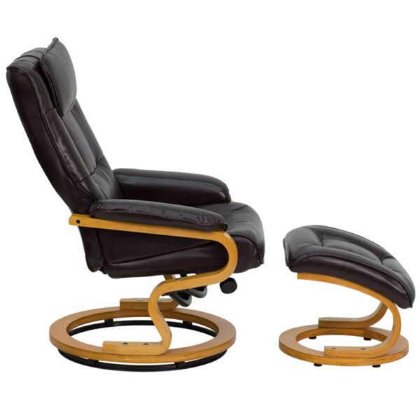 Lowest Price Contemporary Multi-Position Recliner and Ottoman with Swivel Maple Wood Base in Brown Leather