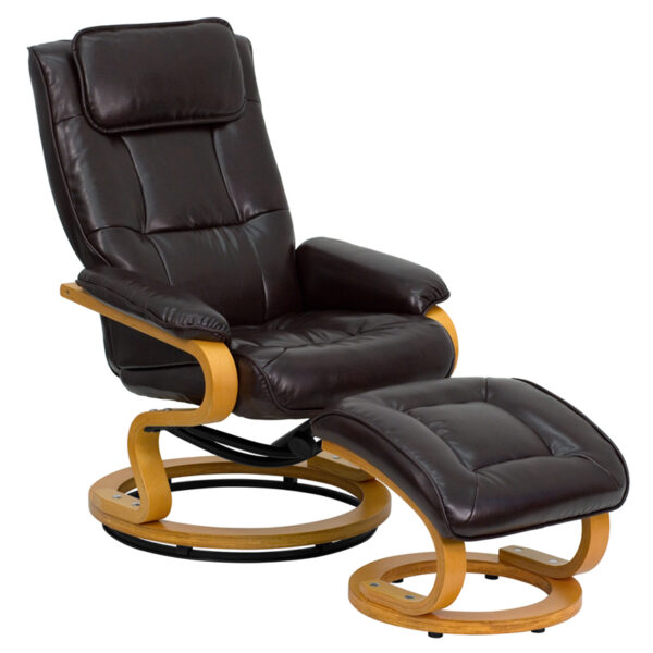 Wholesale Contemporary Multi-Position Recliner and Ottoman with Swivel Maple Wood Base in Brown Leather