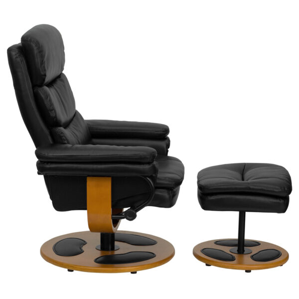 Lowest Price Contemporary Multi-Position Recliner and Ottoman with Wood Base in Black Leather
