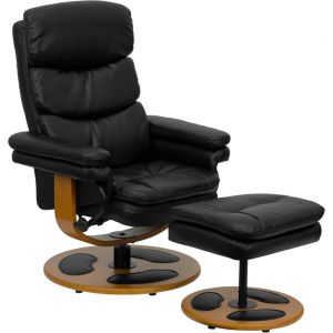 Wholesale Contemporary Multi-Position Recliner and Ottoman with Wood Base in Black Leather