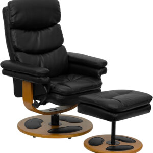 Wholesale Contemporary Multi-Position Recliner and Ottoman with Wood Base in Black Leather