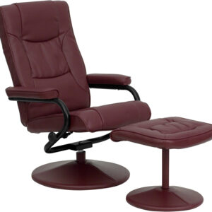 Wholesale Contemporary Multi-Position Recliner and Ottoman with Wrapped Base in Burgundy Leather