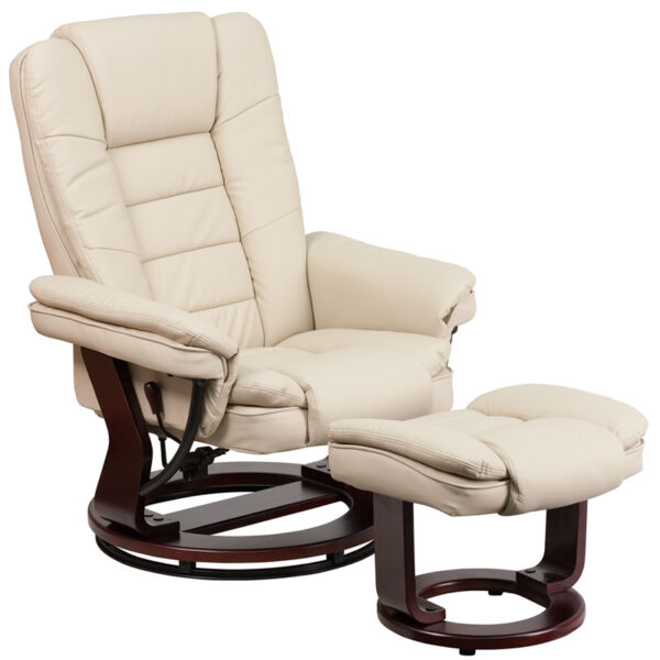 Wholesale Contemporary Multi-Position Recliner with Horizontal Stitching and Ottoman with Swivel Mahogany Wood Base in Beige Leather