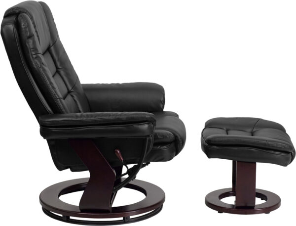 Lowest Price Contemporary Multi-Position Recliner with Horizontal Stitching and Ottoman with Swivel Mahogany Wood Base in Black Leather