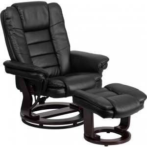 Wholesale Contemporary Multi-Position Recliner with Horizontal Stitching and Ottoman with Swivel Mahogany Wood Base in Black Leather