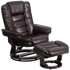 Wholesale Contemporary Multi-Position Recliner with Horizontal Stitching and Ottoman with Swivel Mahogany Wood Base in Brown Leather