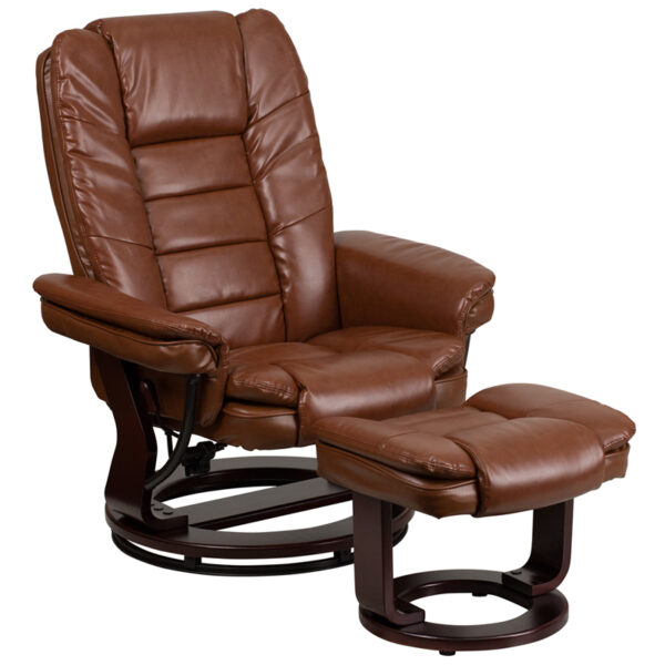 Wholesale Contemporary Multi-Position Recliner with Horizontal Stitching and Ottoman with Swivel Mahogany Wood Base in Brown Vintage Leather