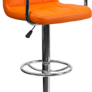 Wholesale Contemporary Orange Quilted Vinyl Adjustable Height Barstool with Arms and Chrome Base
