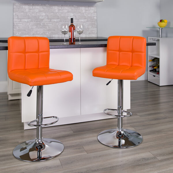 Lowest Price Contemporary Orange Quilted Vinyl Adjustable Height Barstool with Chrome Base