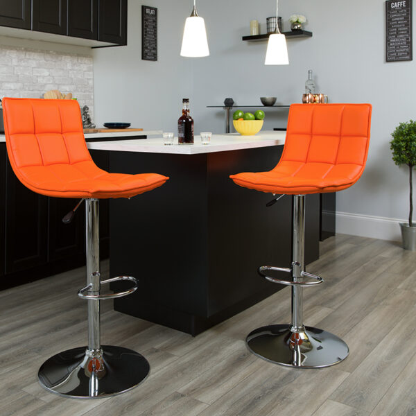 Lowest Price Contemporary Orange Quilted Vinyl Adjustable Height Barstool with Elongated Curved Back and Chrome Base