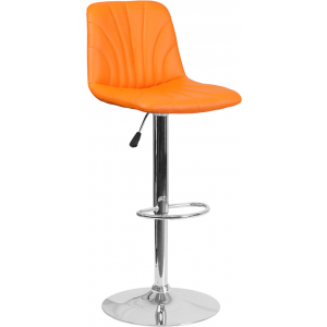 Wholesale Contemporary Orange Vinyl Adjustable Height Barstool with Embellished Stitch Design and Chrome Base