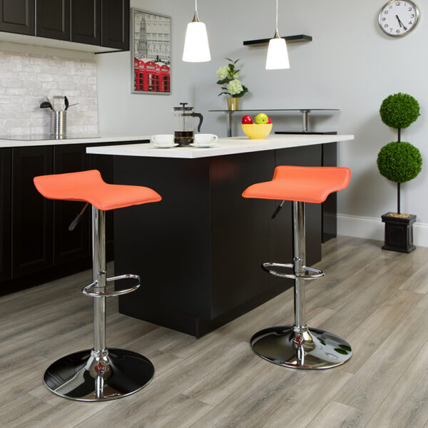 Lowest Price Contemporary Orange Vinyl Adjustable Height Barstool with Solid Wave Seat and Chrome Base