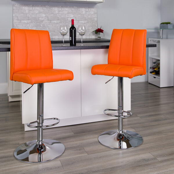Lowest Price Contemporary Orange Vinyl Adjustable Height Barstool with Vertical Stitch Panel Back and Chrome Base