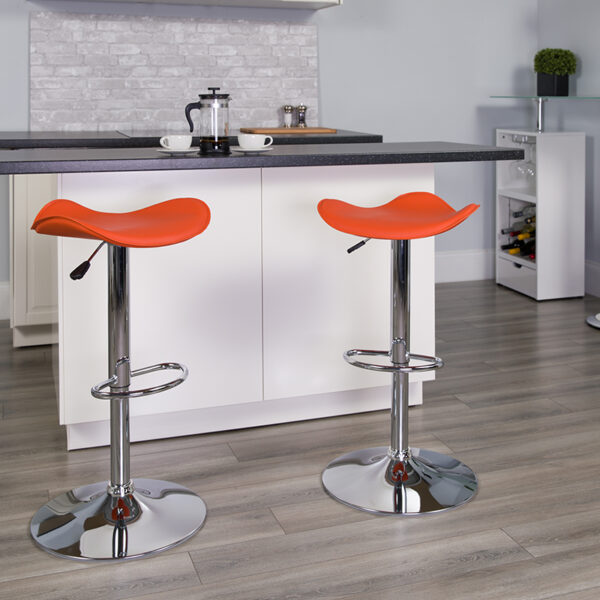 Lowest Price Contemporary Orange Vinyl Adjustable Height Barstool with Wavy Seat and Chrome Base