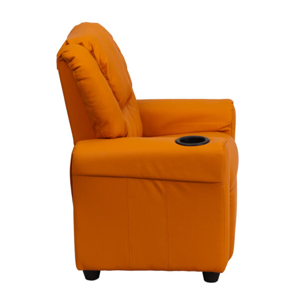Lowest Price Contemporary Orange Vinyl Kids Recliner with Cup Holder and Headrest
