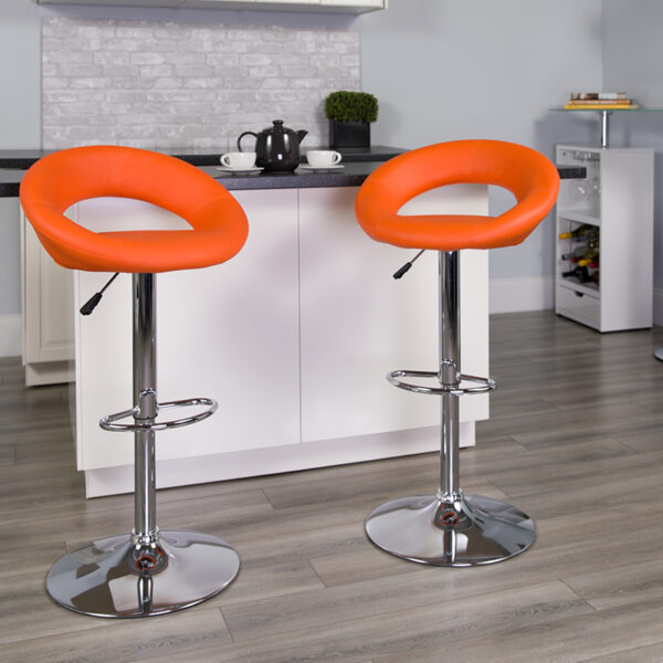 Lowest Price Contemporary Orange Vinyl Rounded Orbit-Style Back Adjustable Height Barstool with Chrome Base
