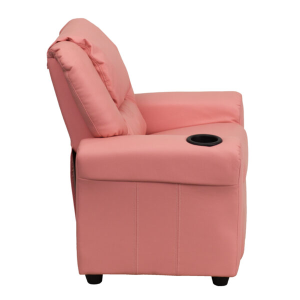 Lowest Price Contemporary Pink Vinyl Kids Recliner with Cup Holder and Headrest