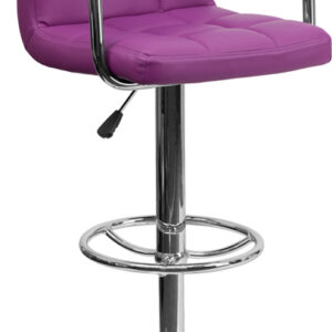 Wholesale Contemporary Purple Quilted Vinyl Adjustable Height Barstool with Arms and Chrome Base