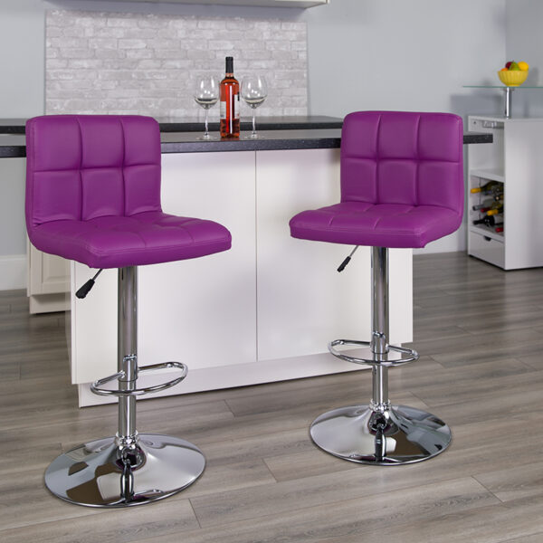 Lowest Price Contemporary Purple Quilted Vinyl Adjustable Height Barstool with Chrome Base