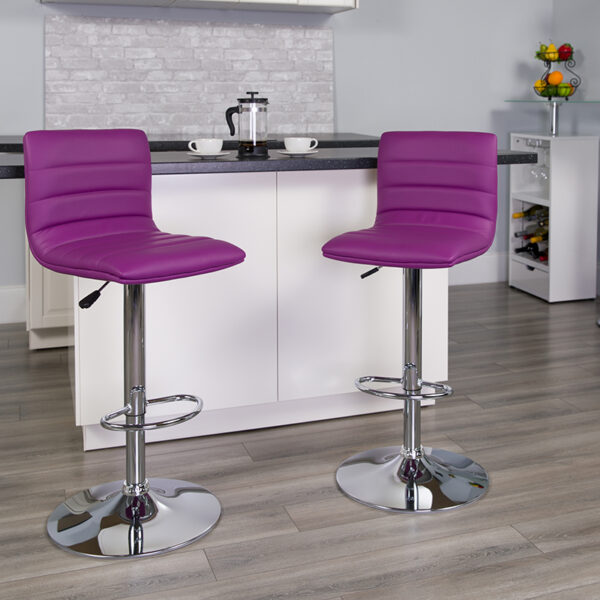 Lowest Price Contemporary Purple Vinyl Adjustable Height Barstool with Horizontal Stitch Back and Chrome Base