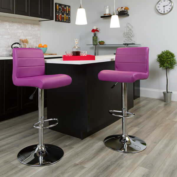 Lowest Price Contemporary Purple Vinyl Adjustable Height Barstool with Rolled Seat and Chrome Base