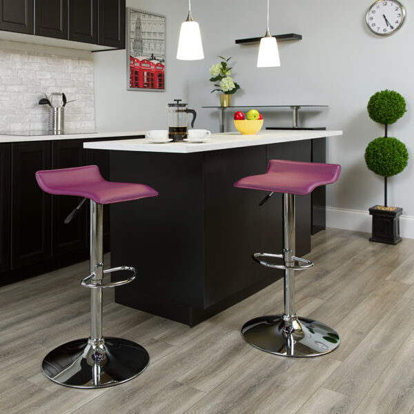 Lowest Price Contemporary Purple Vinyl Adjustable Height Barstool with Solid Wave Seat and Chrome Base