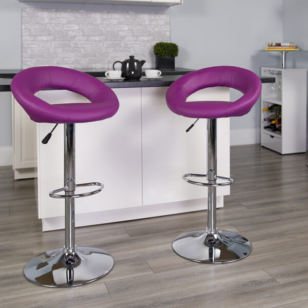 Lowest Price Contemporary Purple Vinyl Rounded Orbit-Style Back Adjustable Height Barstool with Chrome Base
