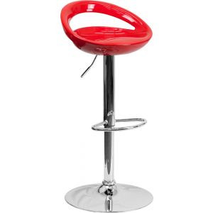 Wholesale Contemporary Red Plastic Adjustable Height Barstool with Rounded Cutout Back and Chrome Base