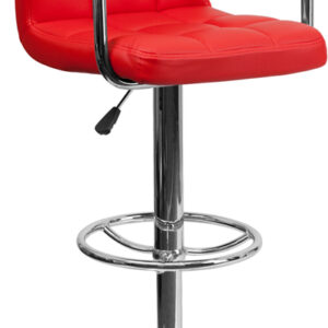 Wholesale Contemporary Red Quilted Vinyl Adjustable Height Barstool with Arms and Chrome Base