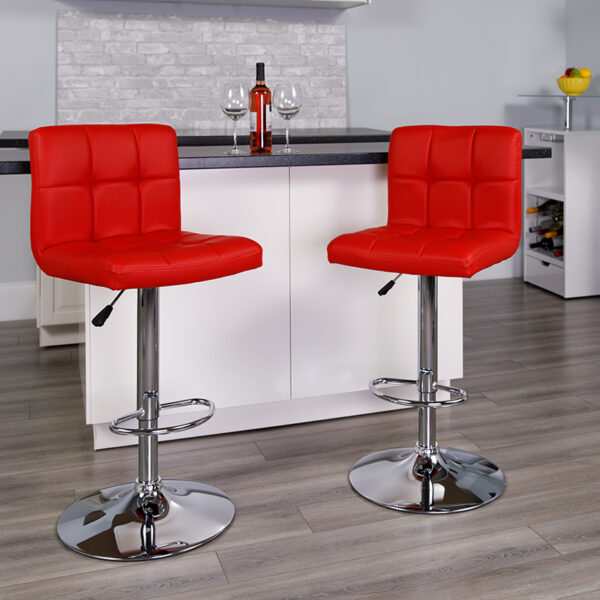Lowest Price Contemporary Red Quilted Vinyl Adjustable Height Barstool with Chrome Base