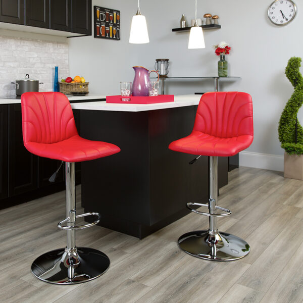 Lowest Price Contemporary Red Vinyl Adjustable Height Barstool with Embellished Stitch Design and Chrome Base