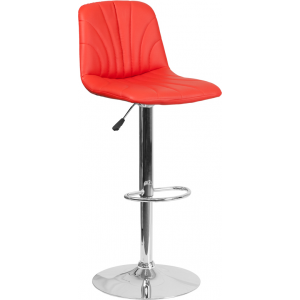 Wholesale Contemporary Red Vinyl Adjustable Height Barstool with Embellished Stitch Design and Chrome Base