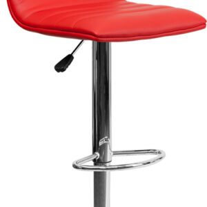 Wholesale Contemporary Red Vinyl Adjustable Height Barstool with Horizontal Stitch Back and Chrome Base